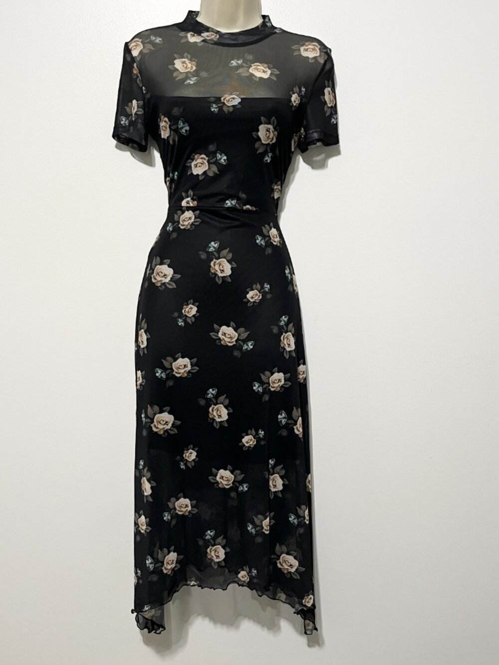 Womens Sheer Mesh Floral Midi Dress S Asymmetric Whimsigoth Y2K 90s Soft Grunge